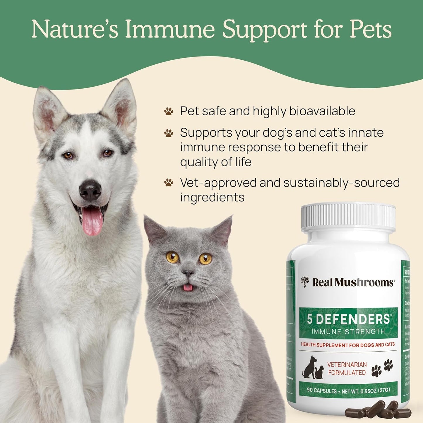 5 Defenders Mushroom Supplements for Pets - Chaga, Shiitake, Reishi, Turkey Tail - Vet-Approved Health Support Vitamins - Real Mushrooms Powder Capsules 90ct