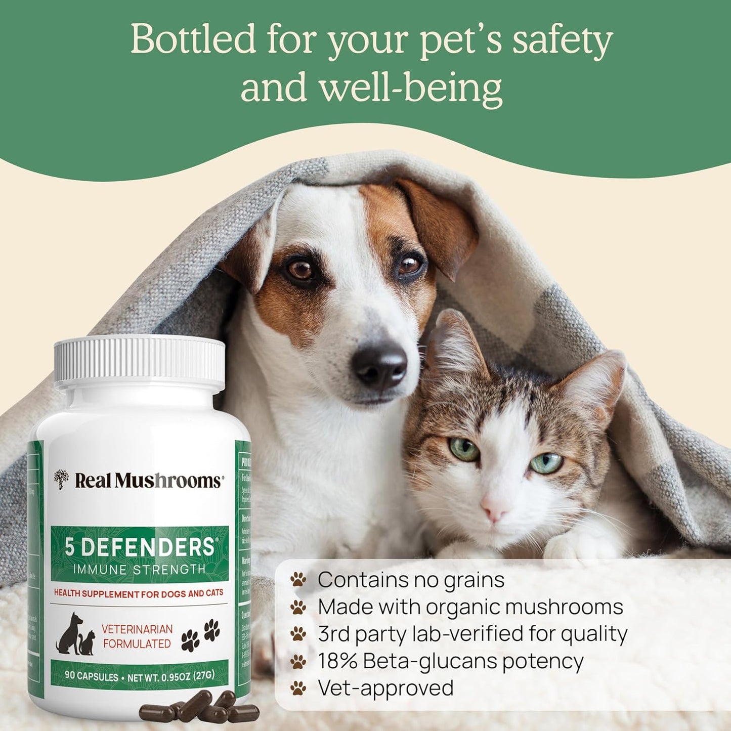 5 Defenders Mushroom Supplements for Pets - Chaga, Shiitake, Reishi, Turkey Tail - Vet-Approved Health Support Vitamins - Real Mushrooms Powder Capsules 90ct
