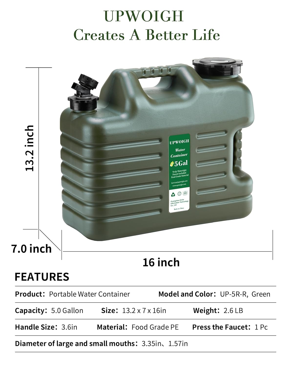 5 Gallon Camping Water Jug - Military Green Water Container with No Leakage, BPA-Free Portable Storage Tank for Hiking and Overlanding