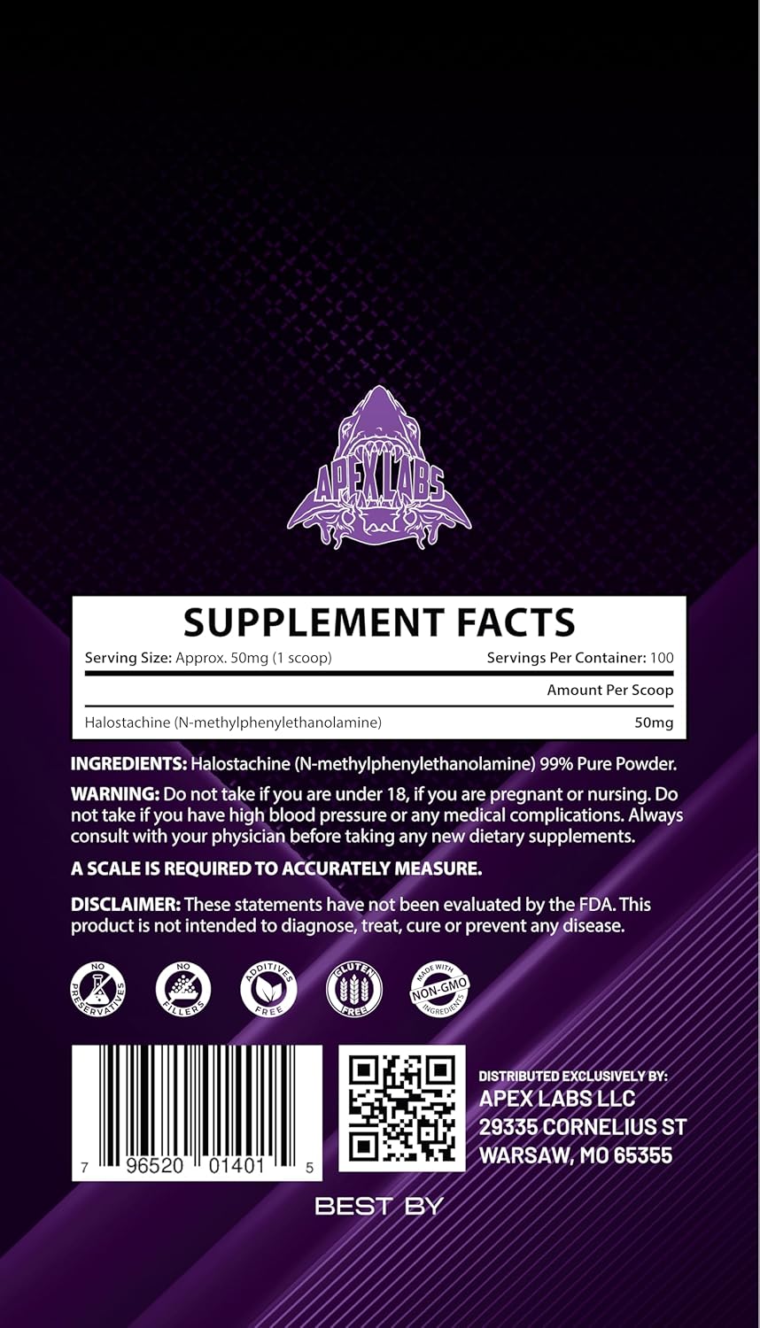 5 Grams of Apex Labs Halostachine Powder Supplement | Nootropic Energy Agent | Non-GMO, Gluten Free | Made in USA