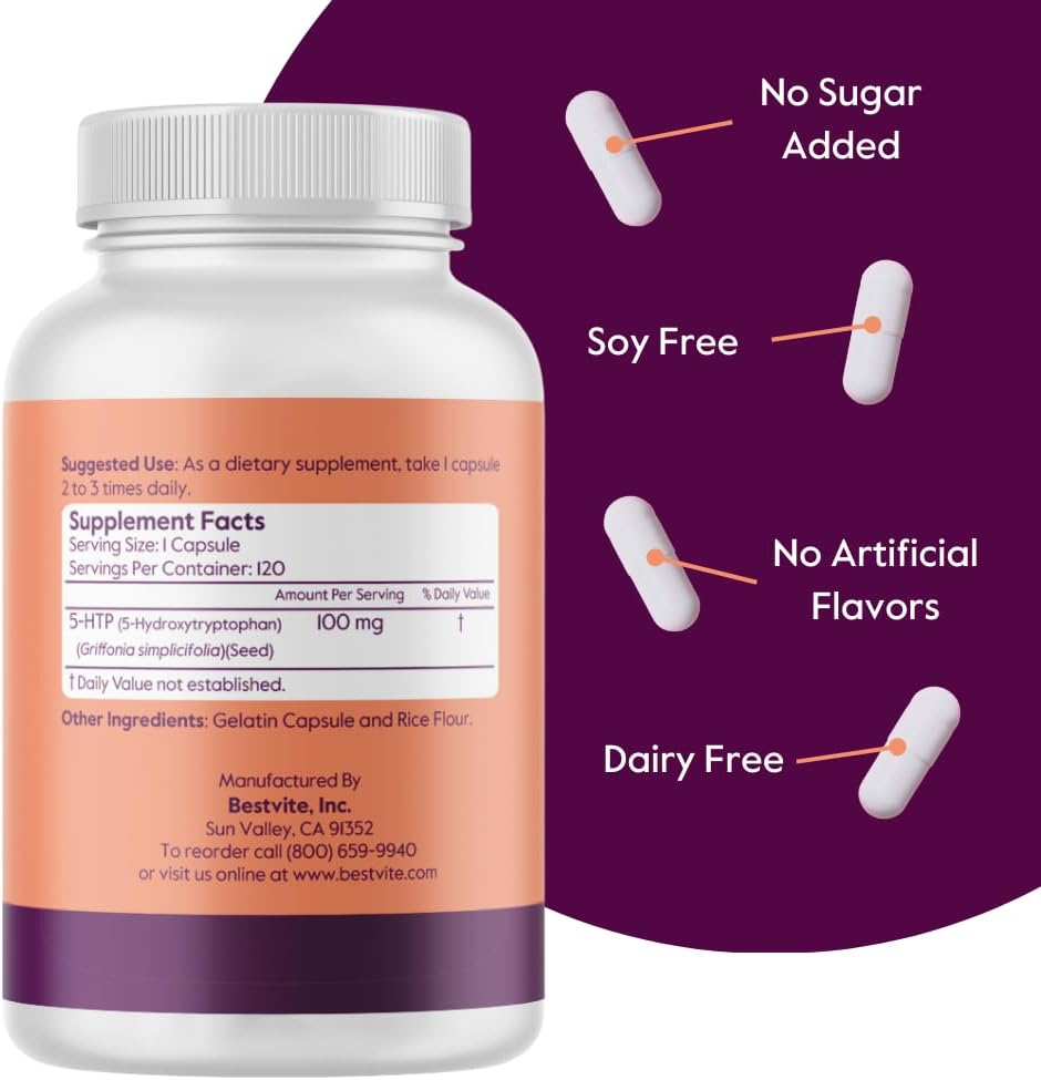 5-HTP 100mg Supplement (120 Capsules) - Pure Formula without Stearates or Flow Agents