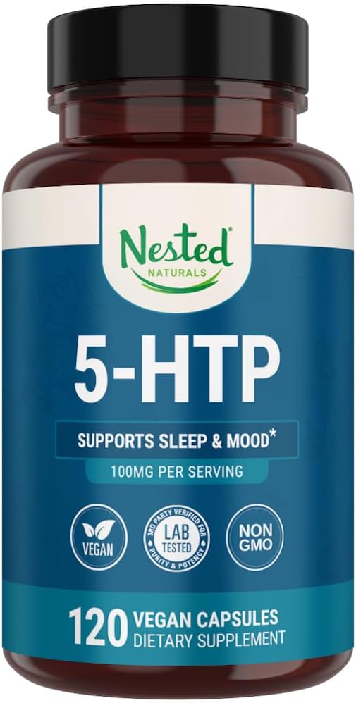 5-HTP 100mg Supplement for Sleep and Mood Support - Naturally Sourced Serotonin - 120 Non-GMO, Vegan Capsules by Nested Naturals