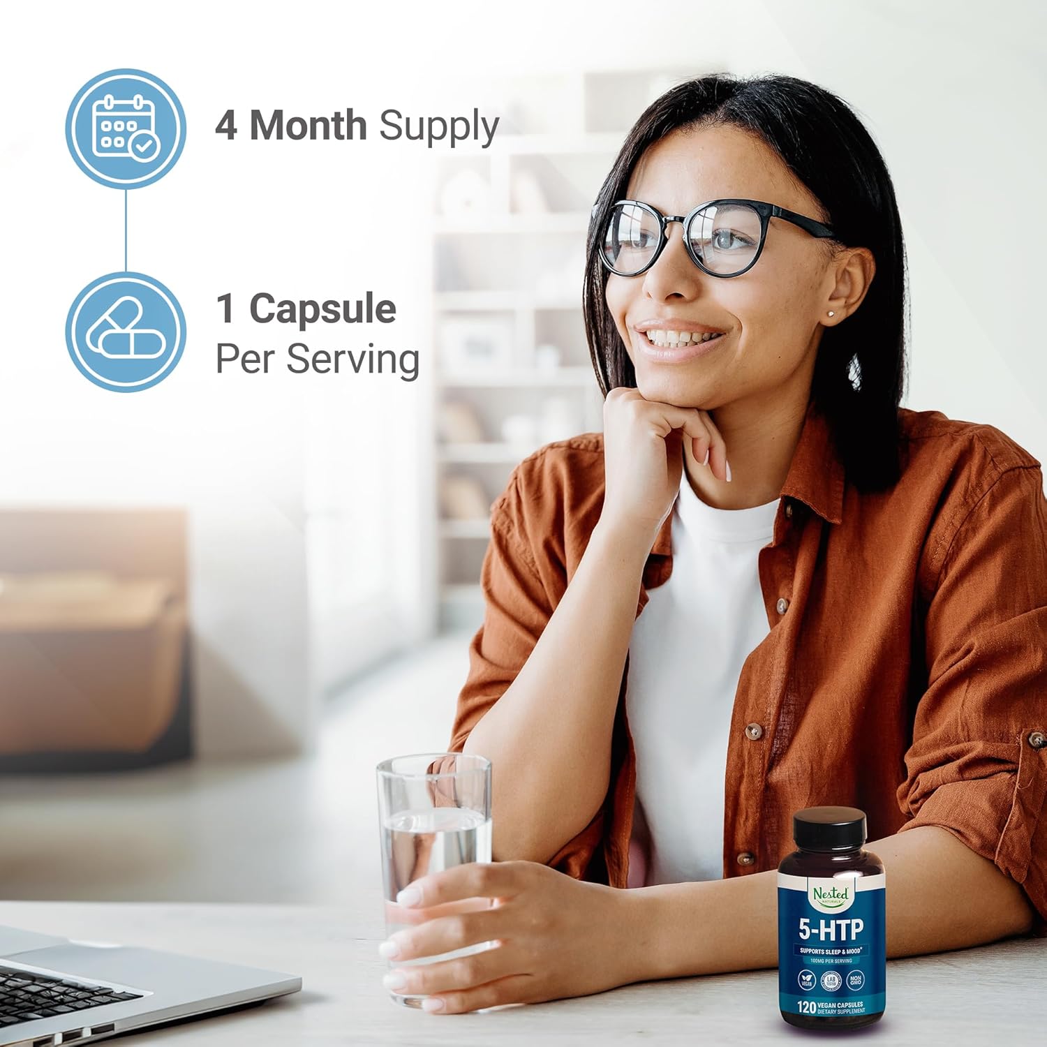 5-HTP 100mg Supplement for Sleep and Mood Support - Naturally Sourced Serotonin - 120 Non-GMO, Vegan Capsules by Nested Naturals