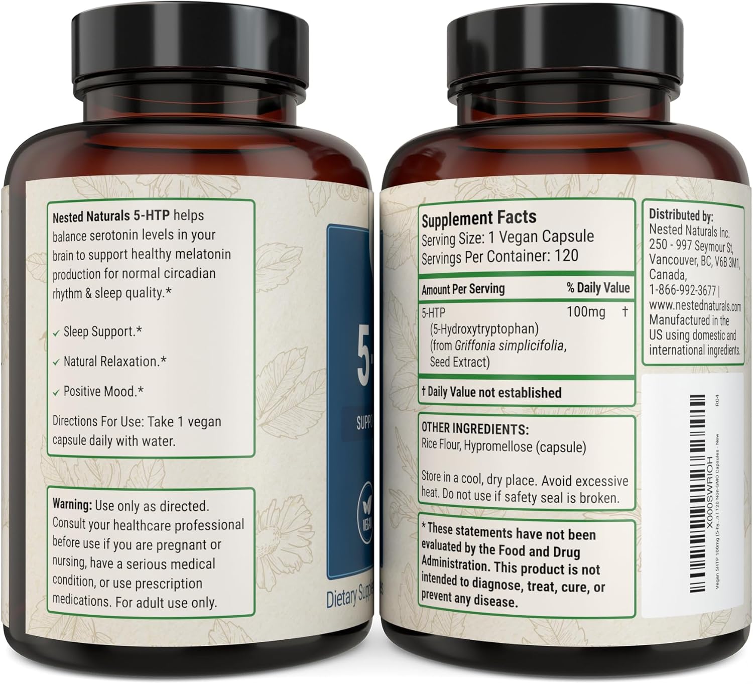 5-HTP 100mg Supplement for Sleep and Mood Support - Naturally Sourced Serotonin - 120 Non-GMO, Vegan Capsules by Nested Naturals