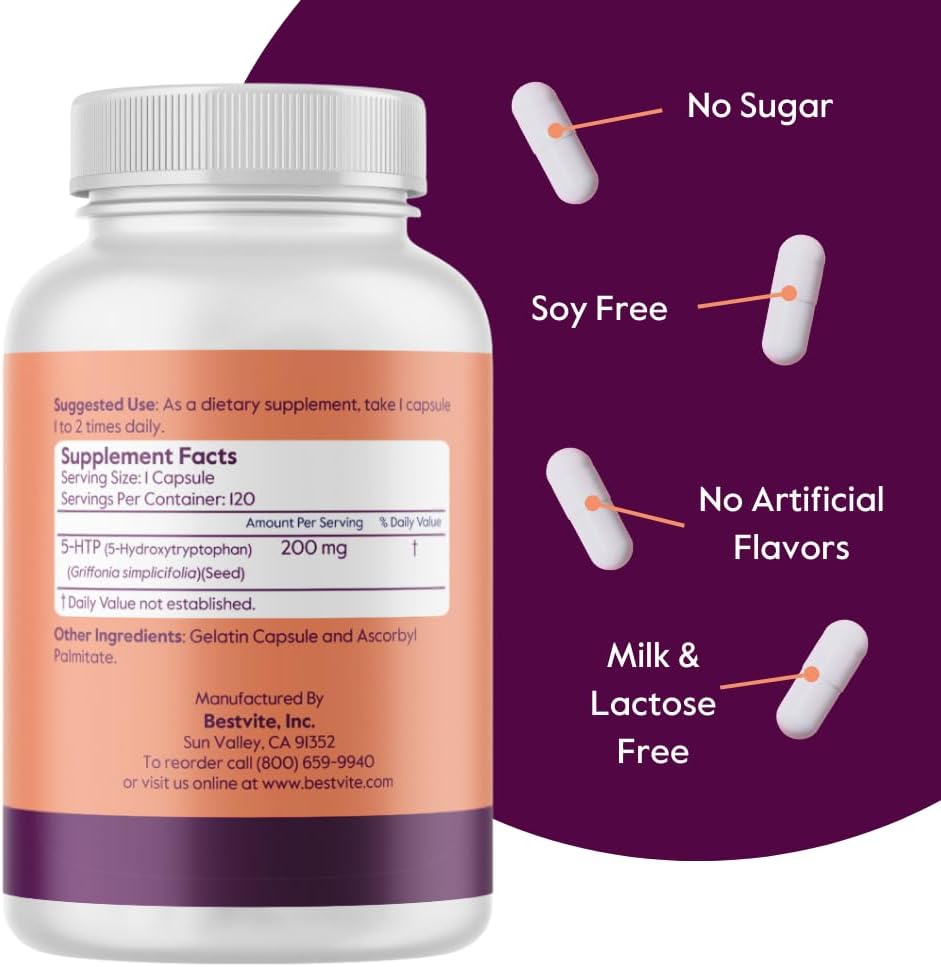 5-HTP 200mg Capsules - 120 Count - Pure Supplement with No Additives - Gluten Free & Non GMO