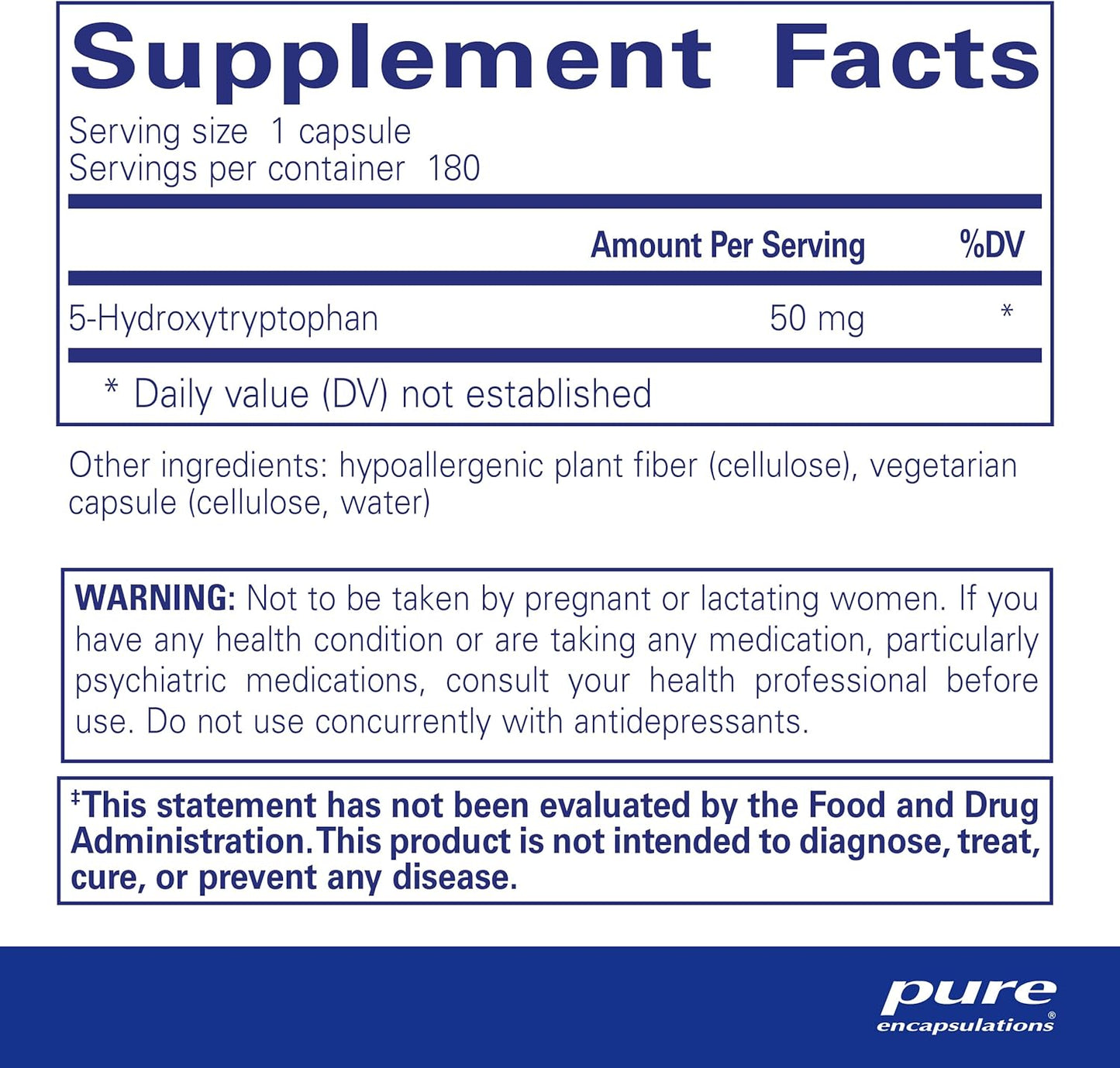 5-HTP 50 mg Supplement for Brain Health, Eating Behavior, and Serotonin Support - 180 Capsules by Pure Encapsulations