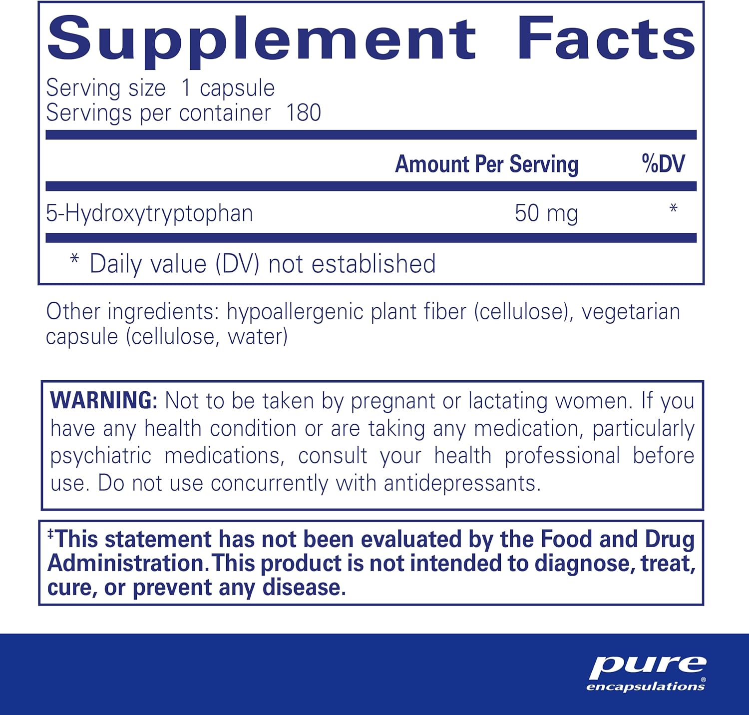 5-HTP 50 mg Supplement for Brain Health, Eating Behavior, and Serotonin Support - 180 Capsules by Pure Encapsulations