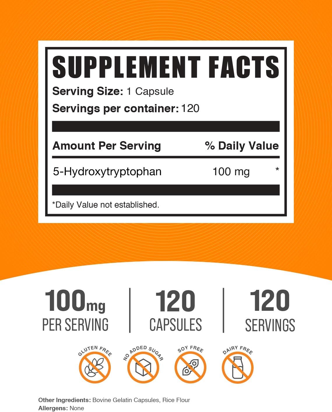 5-HTP Capsules 100mg - Amino Acid Supplement, Gluten Free - 120 Capsules - BulkSupplements.com