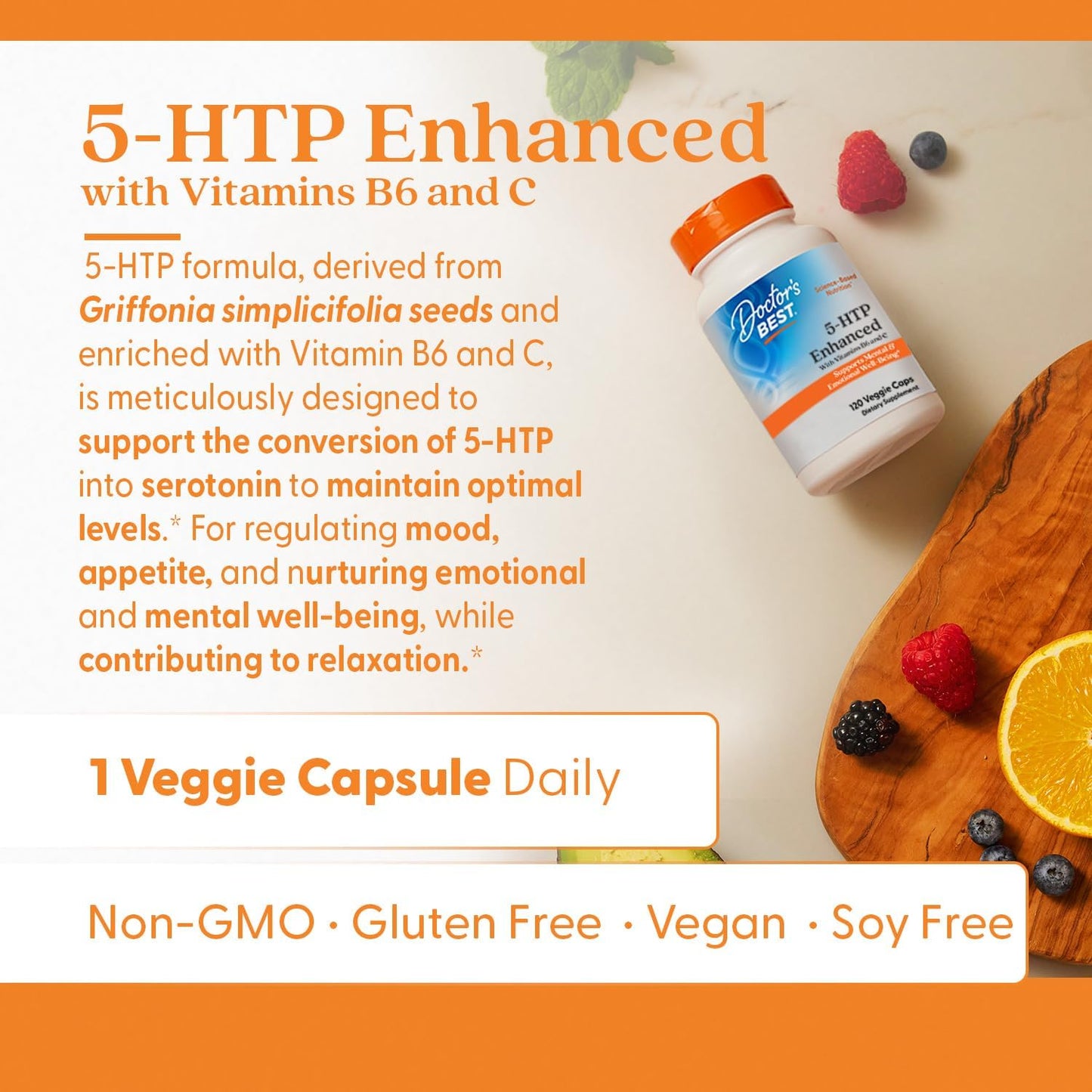 5-HTP Enhanced with Vitamins B6 & C for Mental & Emotional Well-Being - 120 Vegan Capsules by Doctor's BEST