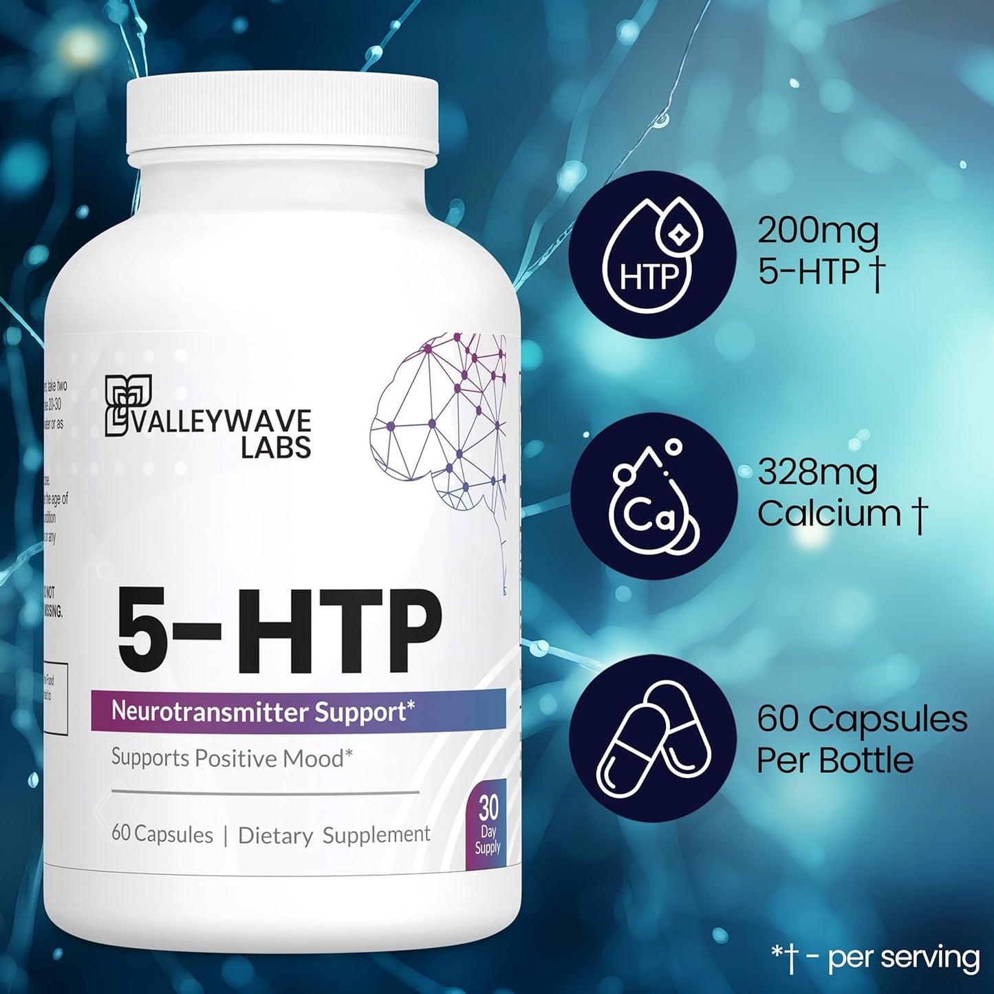 5-HTP Mood and Sleep Support Supplement - 200mg 5HTP for Stress Relief - 60 Capsules, Made in USA