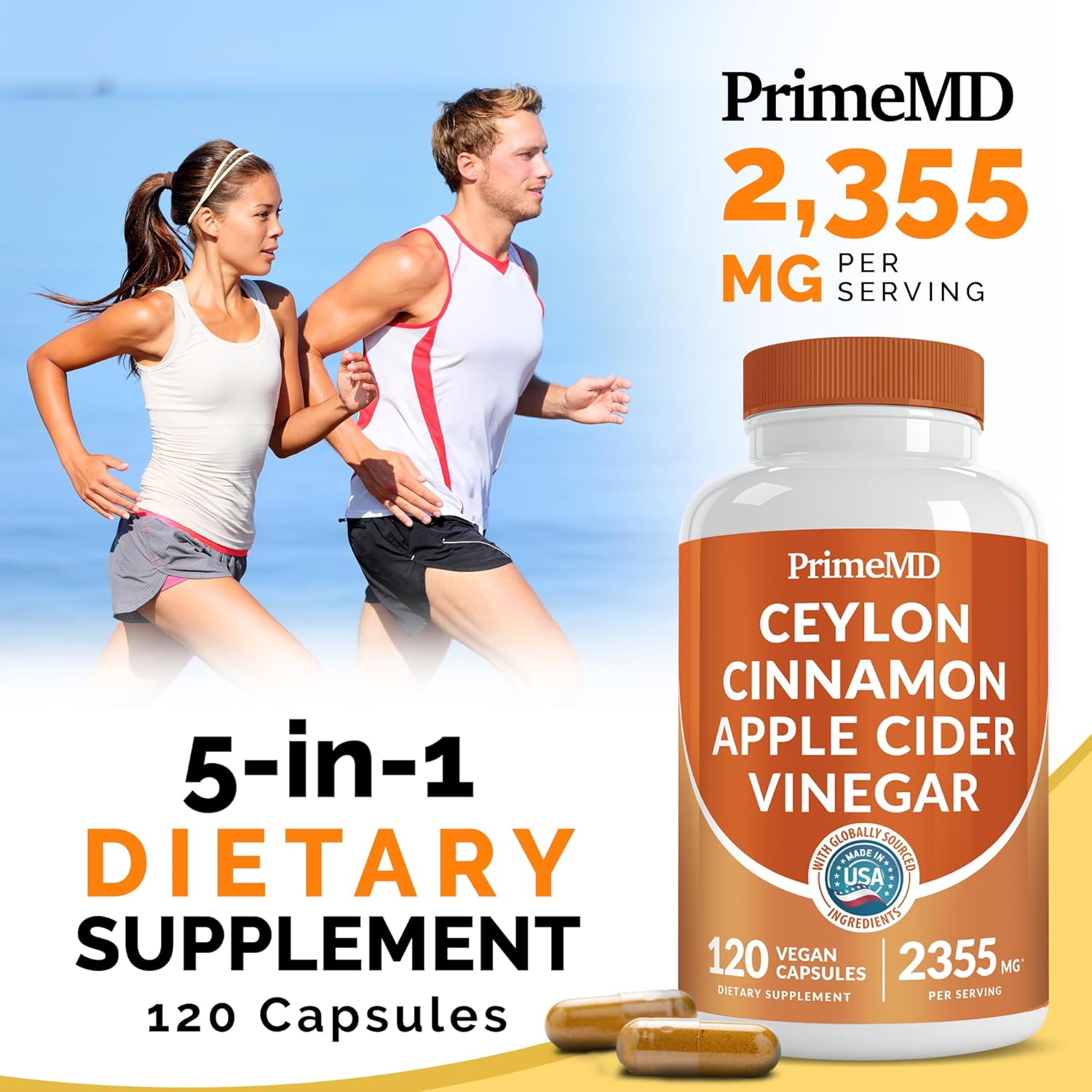 5-in-1 Ceylon Cinnamon Capsules with Turmeric and Ginseng - Apple Cider Vinegar Blend - 120 ct - 2355mg