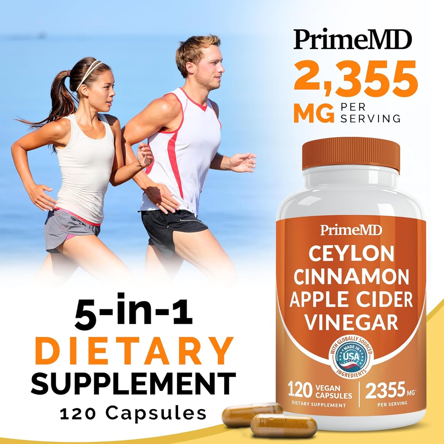 5-in-1 Ceylon Cinnamon Capsules with Turmeric and Ginseng - Apple Cider Vinegar Blend - 120 ct - 2355mg