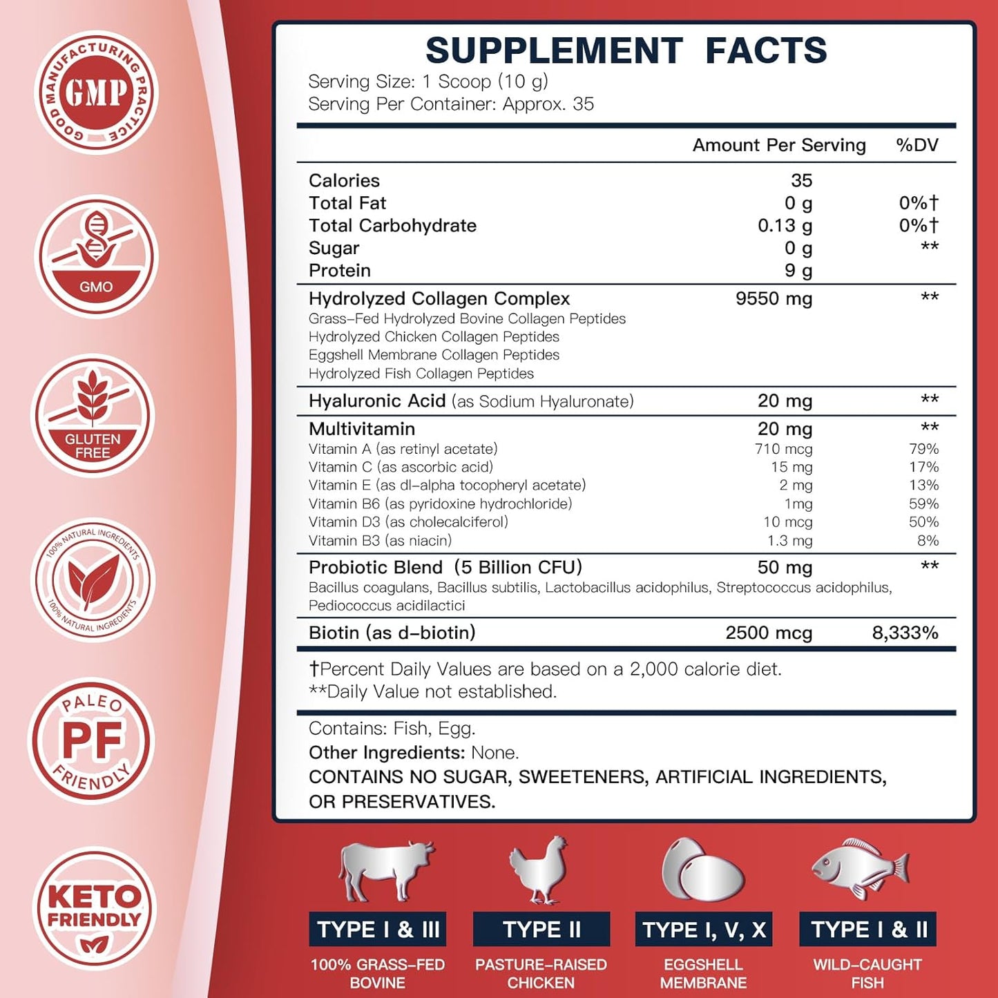 5-in-1 Collagen Peptides Powder with Probiotics, Hyaluronic Acid, Biotin & Multivitamins - Skin, Hair, Joint & Gut Support - 35 Servings