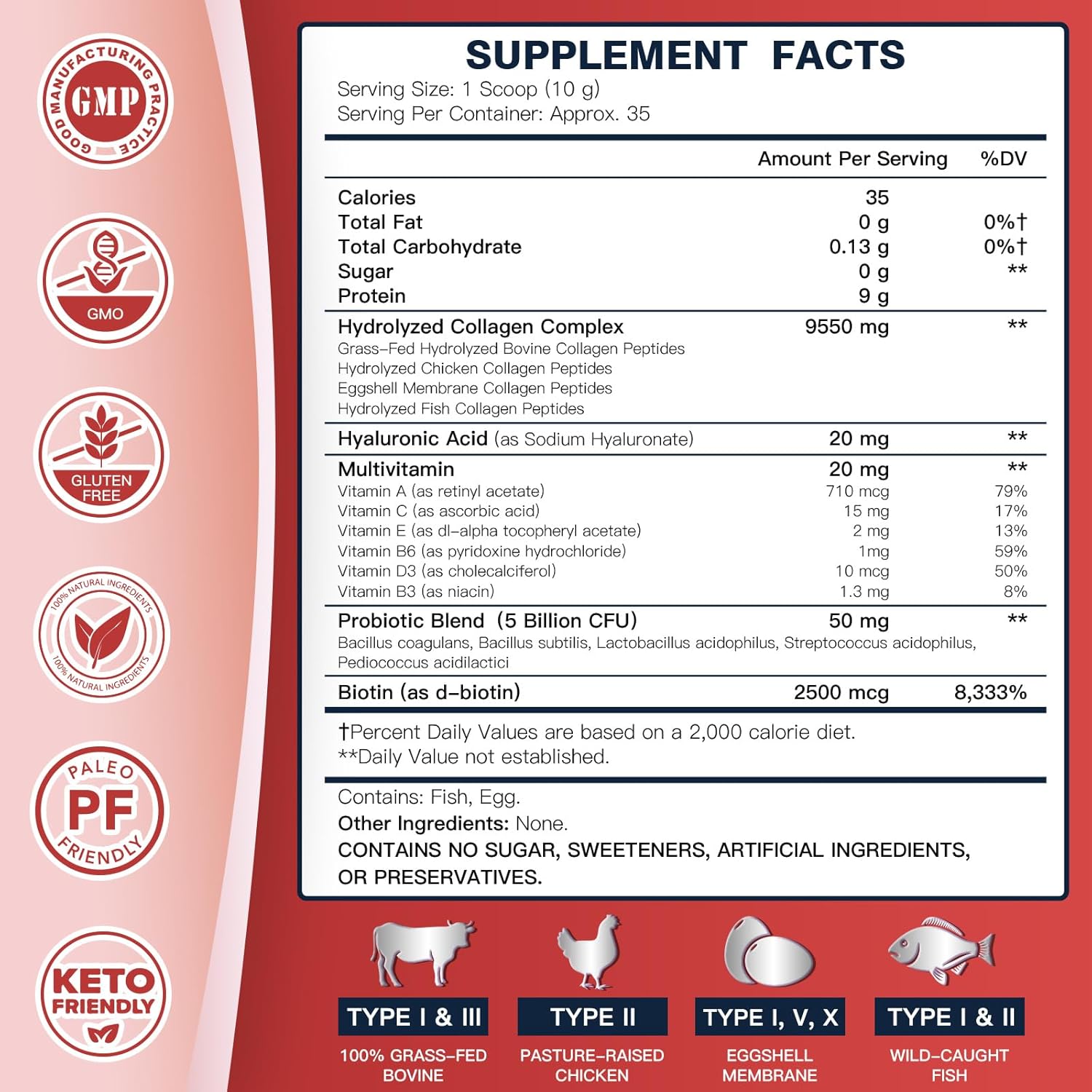 5-in-1 Collagen Peptides Powder with Probiotics, Hyaluronic Acid, Biotin & Multivitamins - Skin, Hair, Joint & Gut Support - 35 Servings