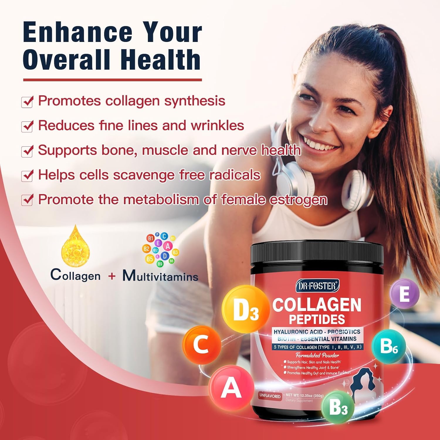 5-in-1 Collagen Peptides Powder with Probiotics, Hyaluronic Acid, Biotin & Multivitamins - Skin, Hair, Joint & Gut Support - 35 Servings