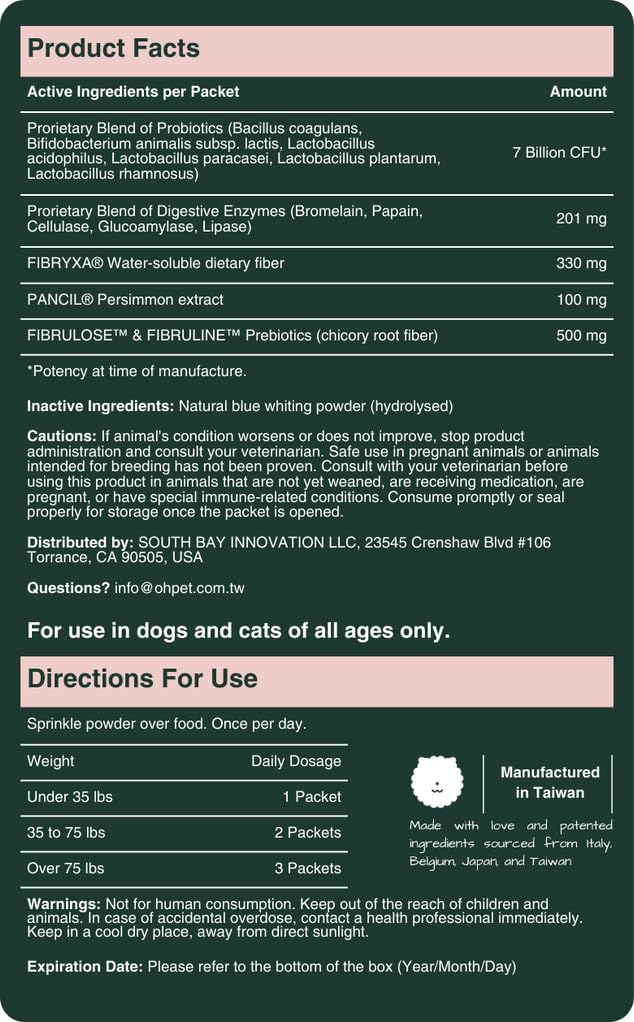 5-in-1 Digestive Probiotics Powder for Dogs & Cats - 7 Billion CFUs, Prebiotics, Enzymes & Fiber - 30 Packets - Codfish Flavor