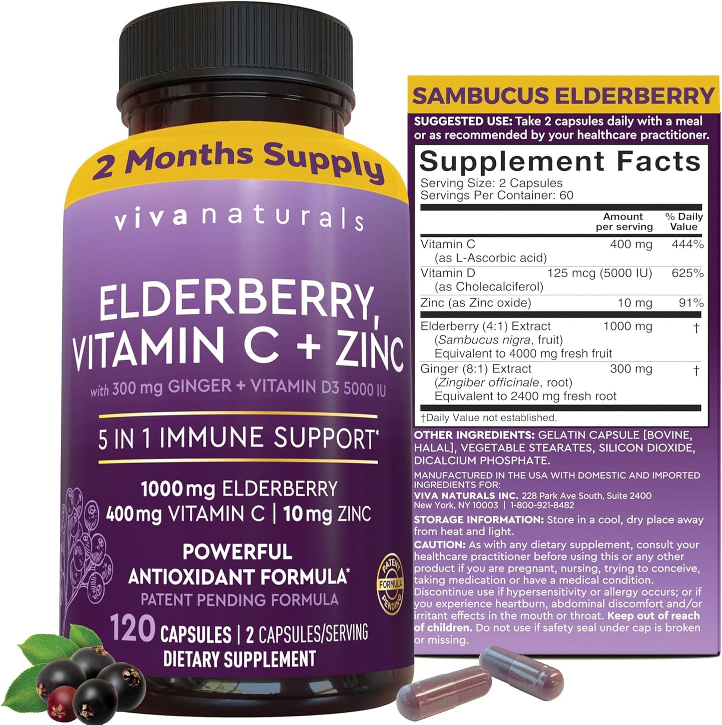 5-in-1 Elderberry Capsules with Vitamin C, Zinc, and D3 for Immune Support by Viva Naturals