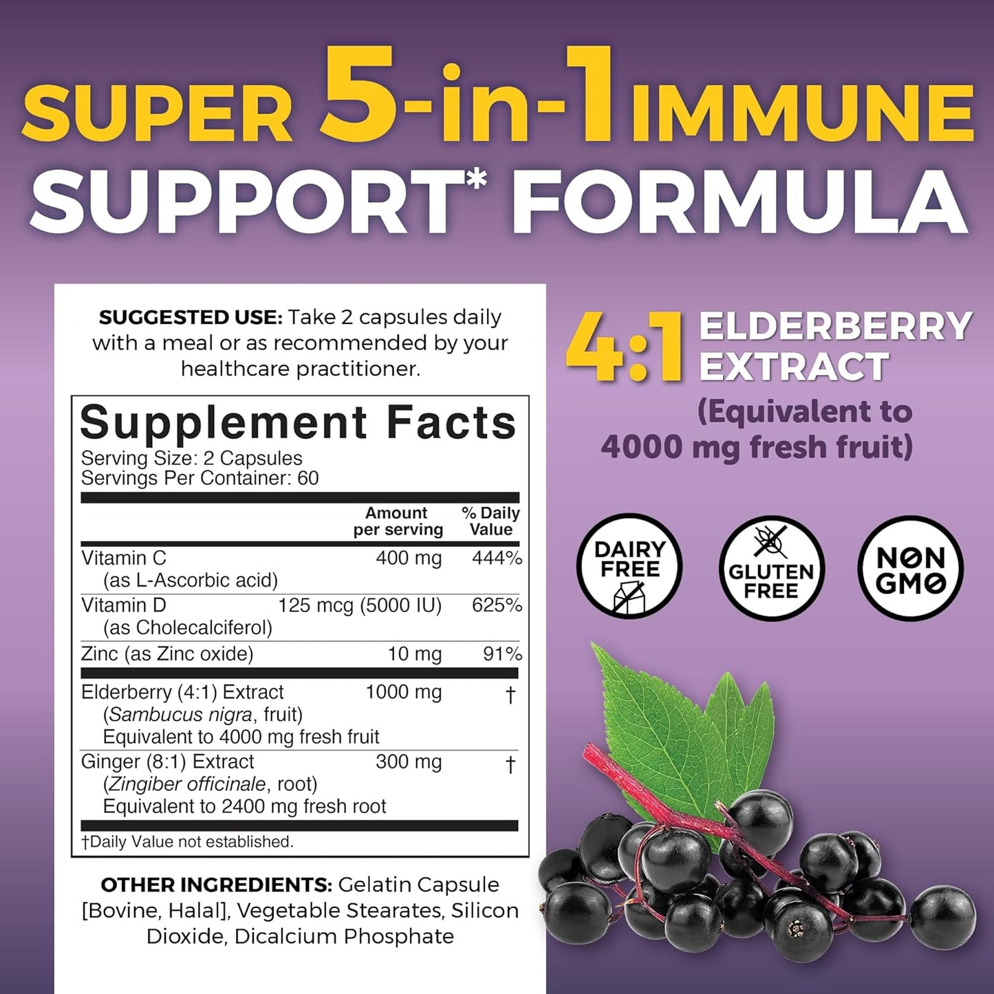5-in-1 Elderberry Capsules with Vitamin C, Zinc, and D3 for Immune Support by Viva Naturals