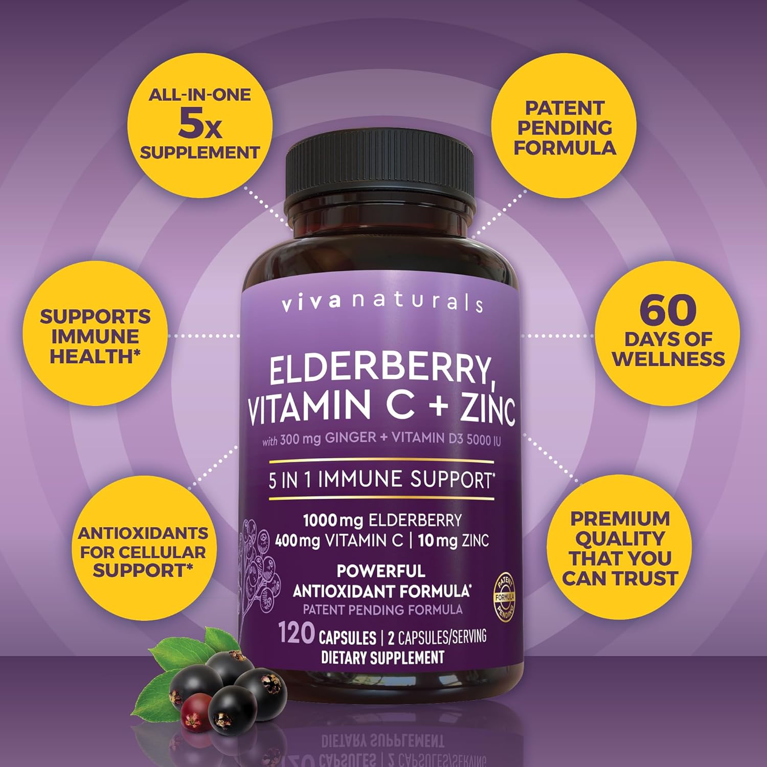 5-in-1 Elderberry Capsules with Vitamin C, Zinc, and D3 for Immune Support by Viva Naturals