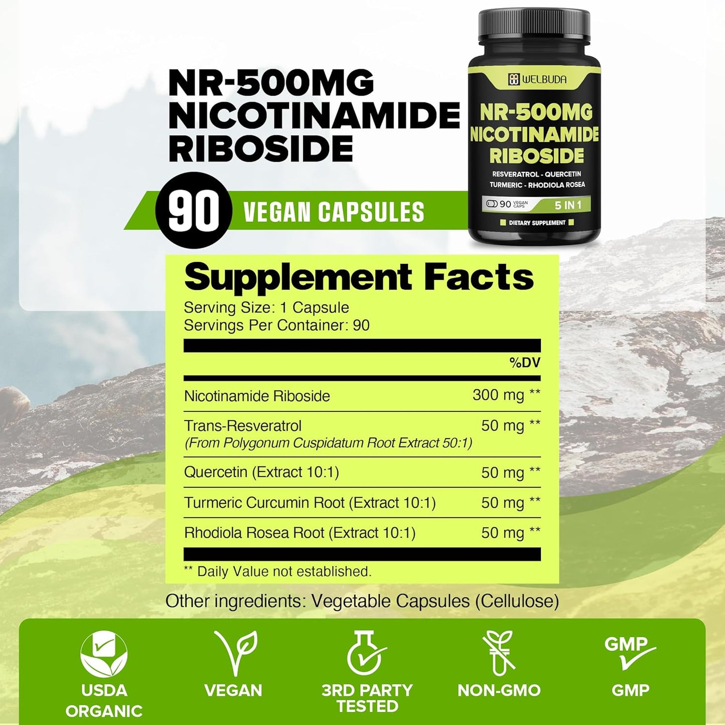 5-in-1 NAD+ Nicotinamide Riboside Supplement with Resveratrol, Quercetin, Turmeric, Rhodiola Rosea - Vitality & Aging Support - 90 Capsules