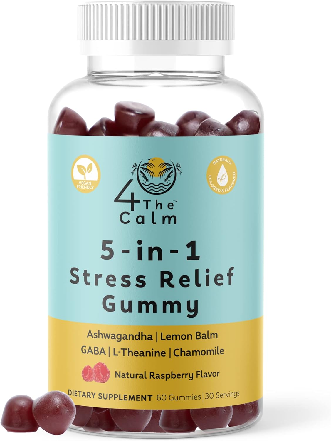 5-in-1 Stress Relief Gummy Supplement with GABA, Lemon Balm, L-Theanine, Chamomile, and Ashwagandha - Natural Raspberry Flavor - 60 Gummies