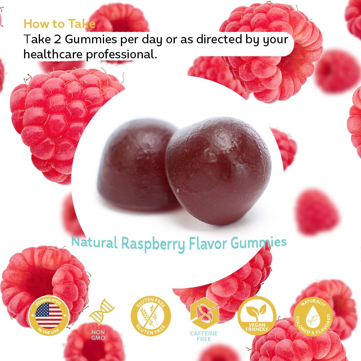 5-in-1 Stress Relief Gummy Supplement with GABA, Lemon Balm, L-Theanine, Chamomile, and Ashwagandha - Natural Raspberry Flavor - 60 Gummies