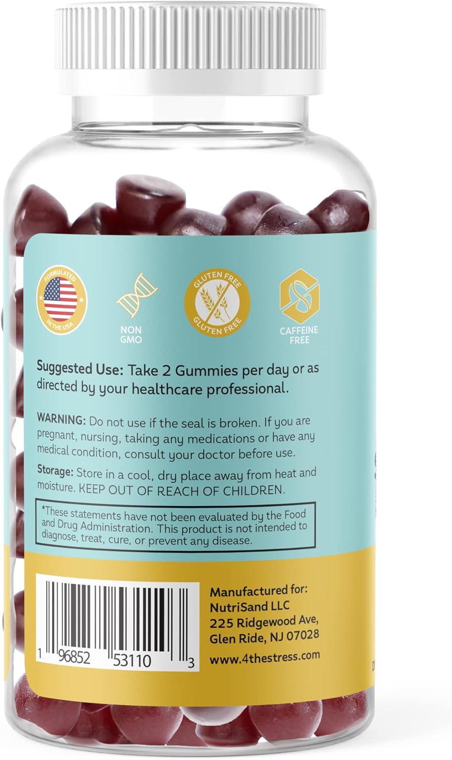 5-in-1 Stress Relief Gummy Supplement with GABA, Lemon Balm, L-Theanine, Chamomile, and Ashwagandha - Natural Raspberry Flavor - 60 Gummies