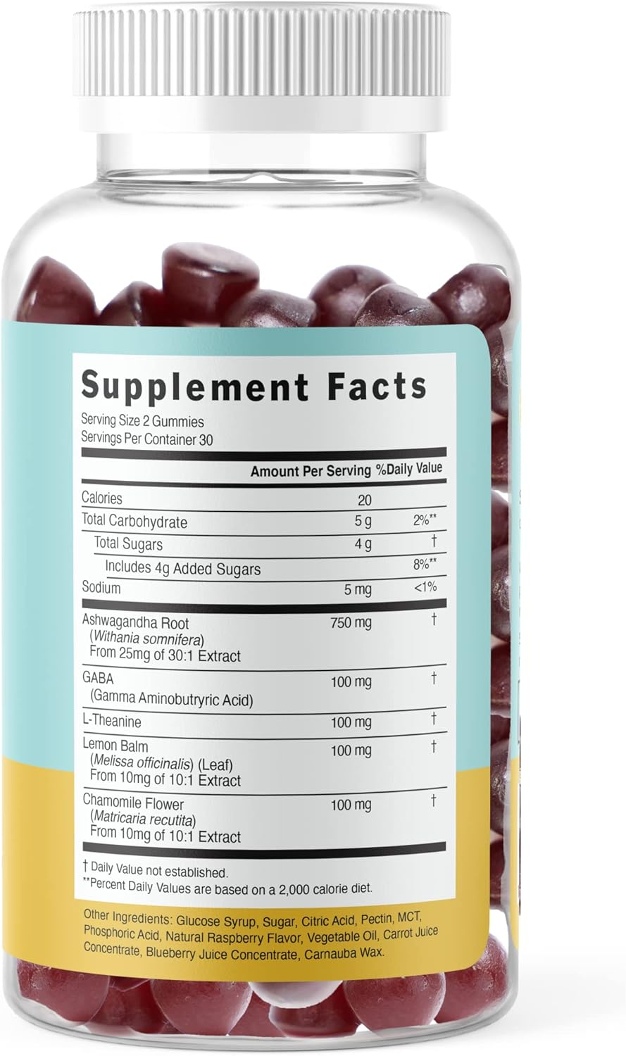 5-in-1 Stress Relief Gummy Supplement with GABA, Lemon Balm, L-Theanine, Chamomile, and Ashwagandha - Natural Raspberry Flavor - 60 Gummies