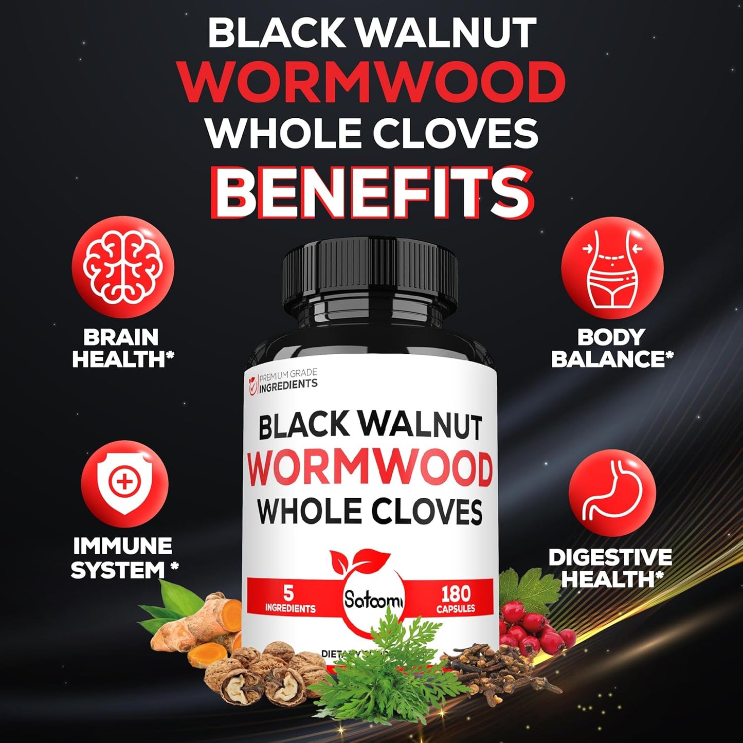 5-in-1 Wormwood Capsules Supplement with Black Walnut, Cloves, Turmeric, Berberine - Immune & Digestive Health Support - 180 Count - 90 Day Supply