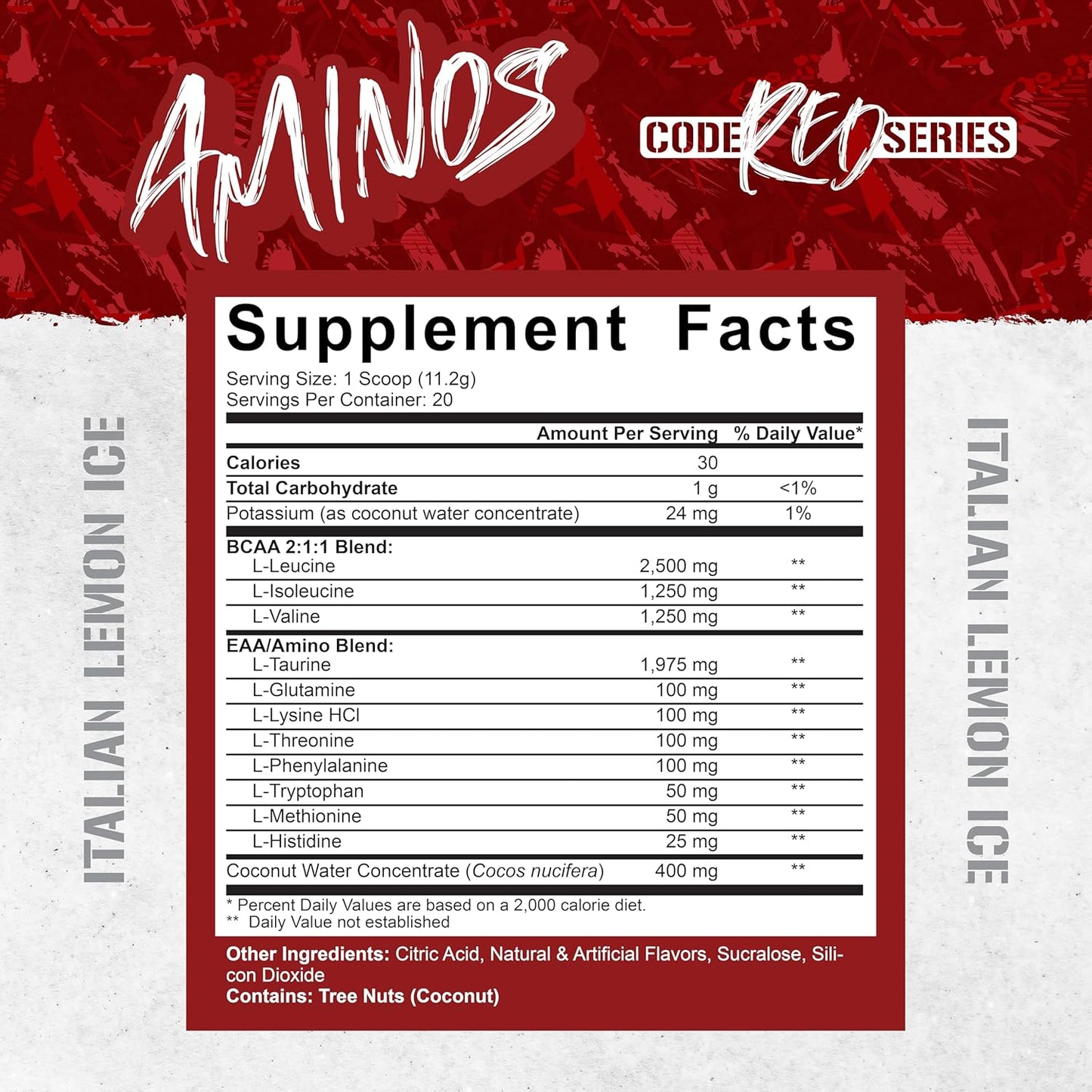 5% Nutrition Code Red Aminos BCAA & EAA Post-Workout Recovery Powder - Italian Lemon Ice Flavor | Essential Amino Acid Complex for Men & Women