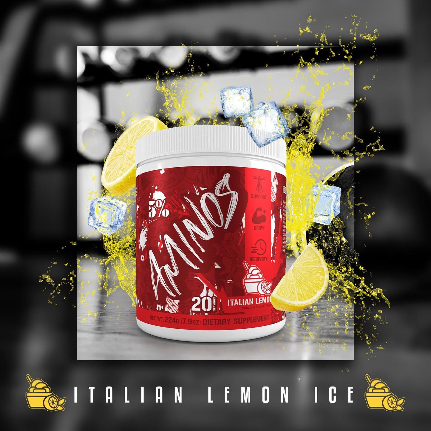 5% Nutrition Code Red Aminos BCAA & EAA Post-Workout Recovery Powder - Italian Lemon Ice Flavor | Essential Amino Acid Complex for Men & Women