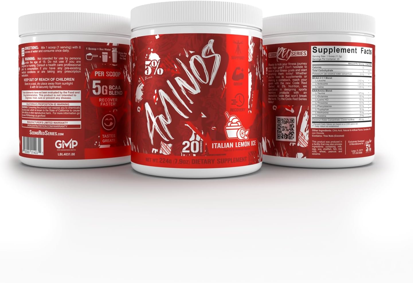 5% Nutrition Code Red Aminos BCAA & EAA Post-Workout Recovery Powder - Italian Lemon Ice Flavor | Essential Amino Acid Complex for Men & Women