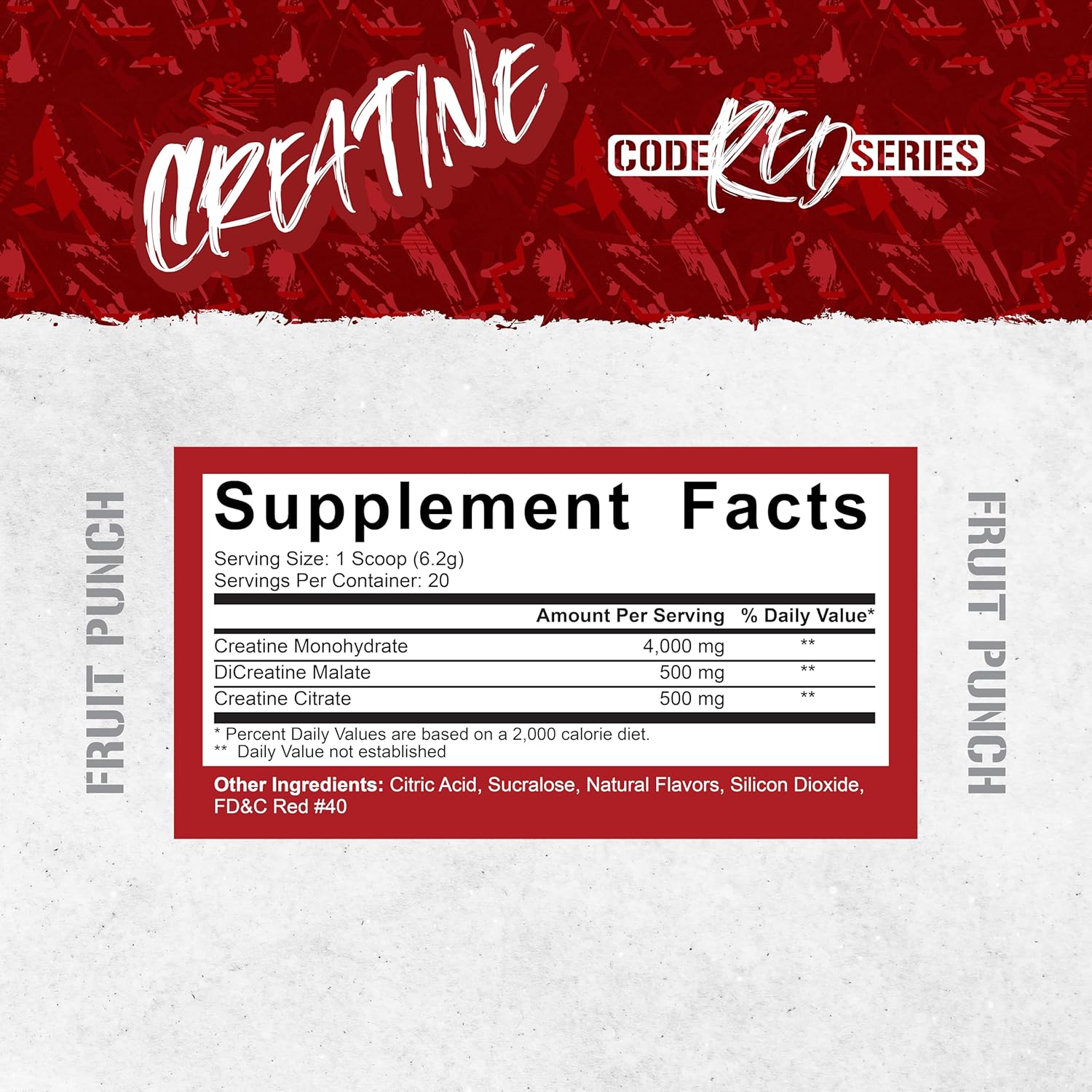 5% Nutrition Code Red Micronized Creatine Monohydrate Powder Blend - Fruit Punch Flavor for Power, Strength, Endurance, Energy, and Cognitive Health