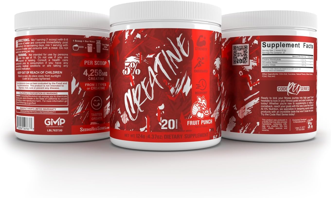 5% Nutrition Code Red Micronized Creatine Monohydrate Powder Blend - Fruit Punch Flavor for Power, Strength, Endurance, Energy, and Cognitive Health