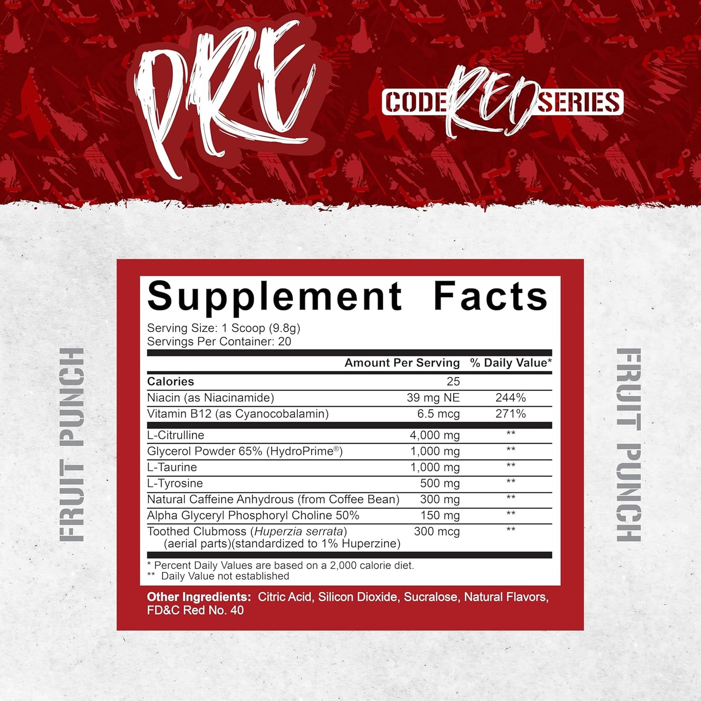 5% Nutrition Code Red Series Pre Workout Powder - Energy, Pump, Power, Protein Synthesis & Focus - 300mg Caffeine, L-Citrulline, Glycerol, Taurine, Alpha GPC, Huperzine - Fruit Punch Flavor - Men & Women