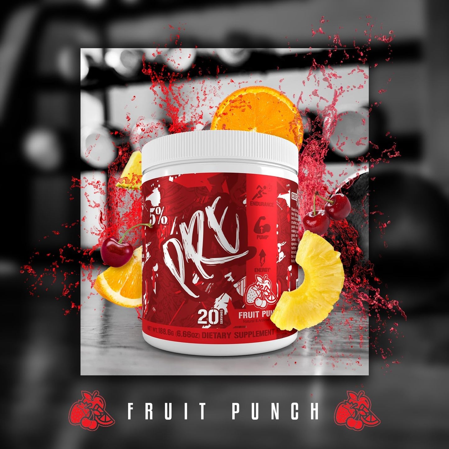 5% Nutrition Code Red Series Pre Workout Powder - Energy, Pump, Power, Protein Synthesis & Focus - 300mg Caffeine, L-Citrulline, Glycerol, Taurine, Alpha GPC, Huperzine - Fruit Punch Flavor - Men & Women