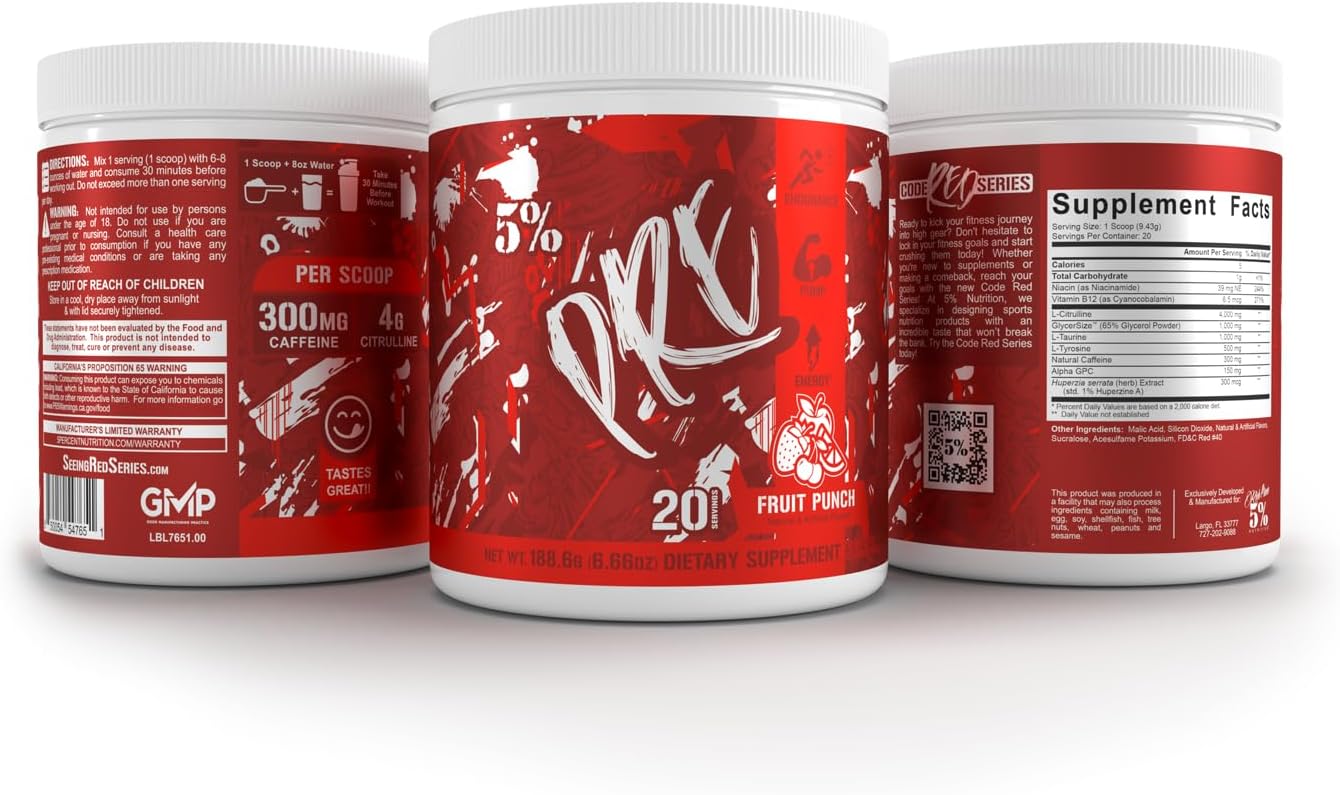 5% Nutrition Code Red Series Pre Workout Powder - Energy, Pump, Power, Protein Synthesis & Focus - 300mg Caffeine, L-Citrulline, Glycerol, Taurine, Alpha GPC, Huperzine - Fruit Punch Flavor - Men & Women