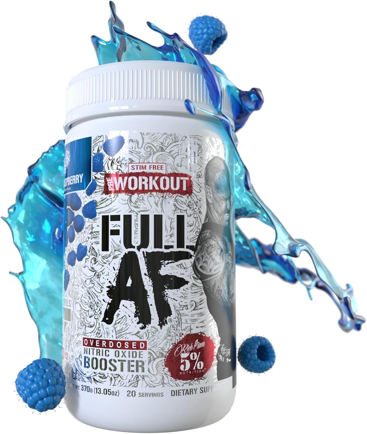 5% Nutrition FullAF Pre-Workout Supplement for Massive Pumps, Stim-Free Formula with L-Citrulline, L-Taurine, Nitrosigine, GlycerSize - Blue Raspberry Flavor - 13.05 oz