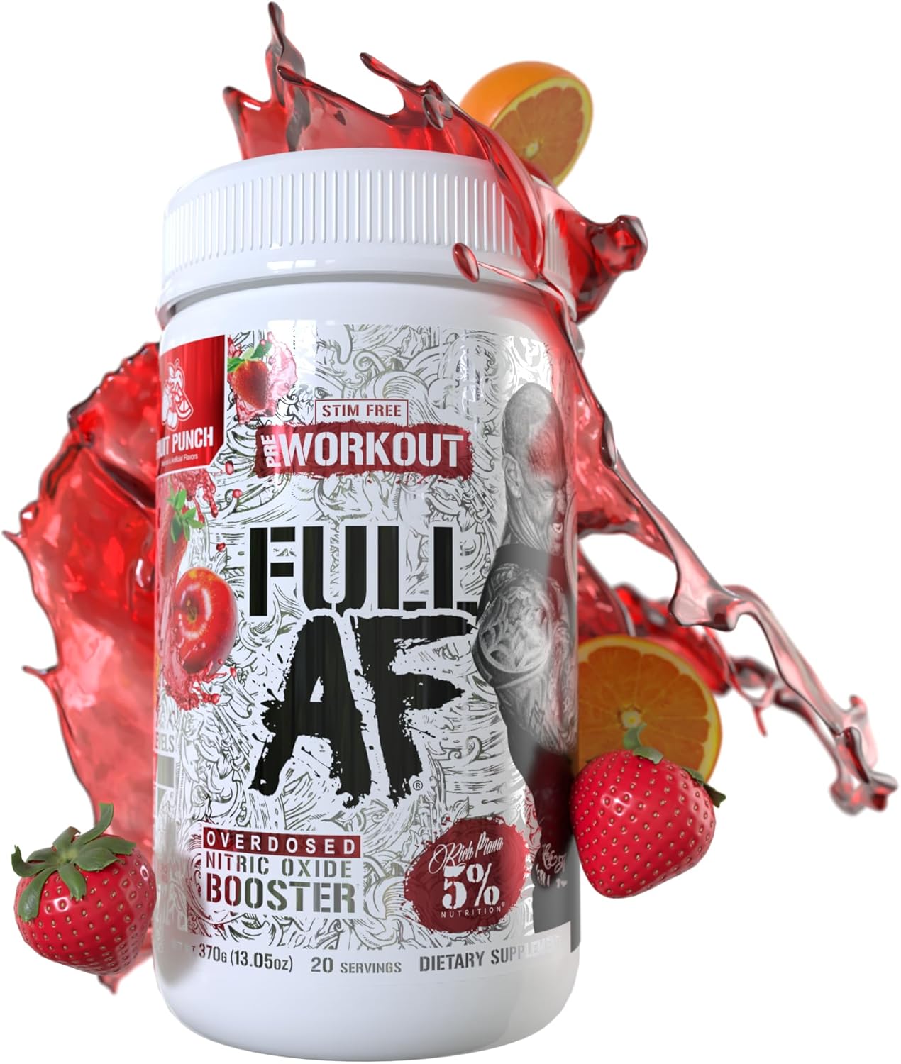 5% Nutrition FullAF Pre-Workout Supplement for Massive Pumps - Stimulant-Free Formula with L-Citrulline, L-Taurine, Nitrosigine, GlycerSize - 13.05 oz Fruit Punch Flavor