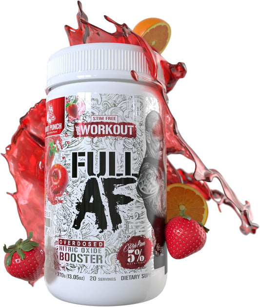 5% Nutrition FullAF Pre-Workout Supplement for Massive Pumps - Stimulant-Free Formula with L-Citrulline, L-Taurine, Nitrosigine, GlycerSize - 13.05 oz Fruit Punch Flavor