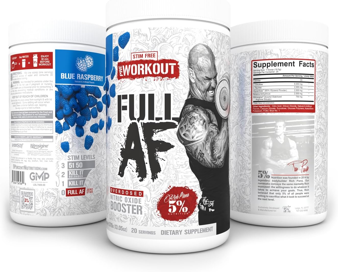 5% Nutrition FullAF Pre-Workout Supplement for Massive Pumps, Stim-Free Formula with L-Citrulline, L-Taurine, Nitrosigine, GlycerSize - Blue Raspberry Flavor - 13.05 oz