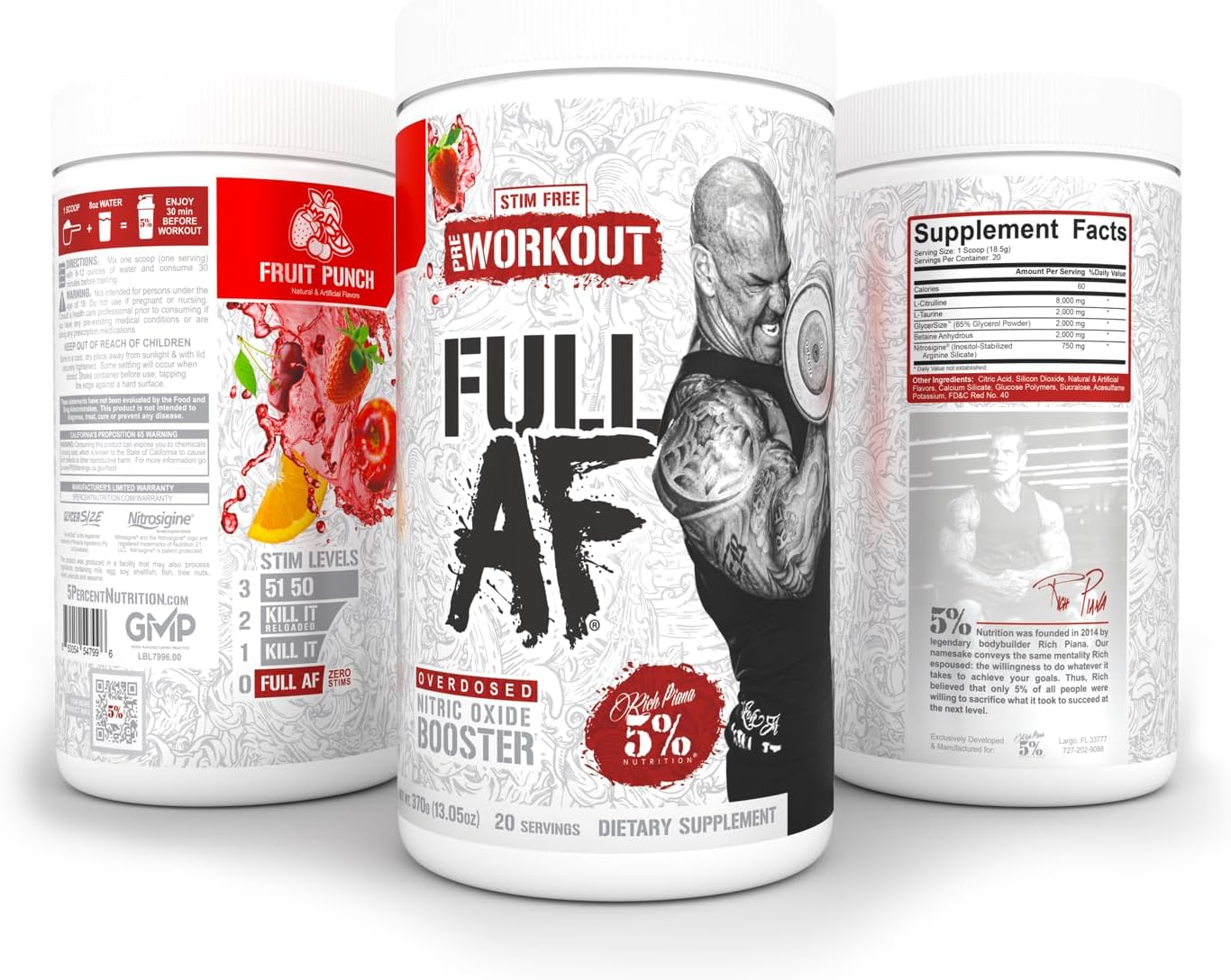 5% Nutrition FullAF Pre-Workout Supplement for Massive Pumps - Stimulant-Free Formula with L-Citrulline, L-Taurine, Nitrosigine, GlycerSize - 13.05 oz Fruit Punch Flavor