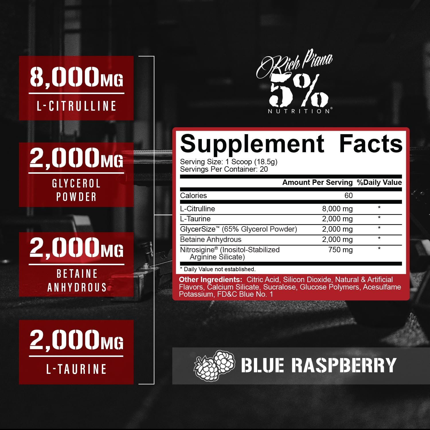 5% Nutrition FullAF Pre-Workout Supplement for Massive Pumps, Stim-Free Formula with L-Citrulline, L-Taurine, Nitrosigine, GlycerSize - Blue Raspberry Flavor - 13.05 oz