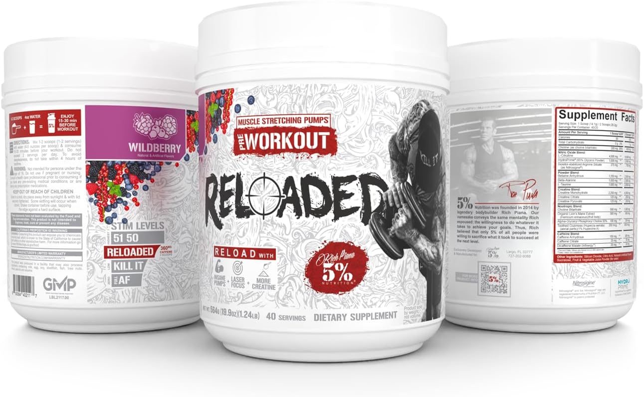 5% Nutrition Reloaded High Stim Pre-Workout Supplement for Ultra Energy, Focus, Pumps, Power, and Endurance - Wildberry Flavor