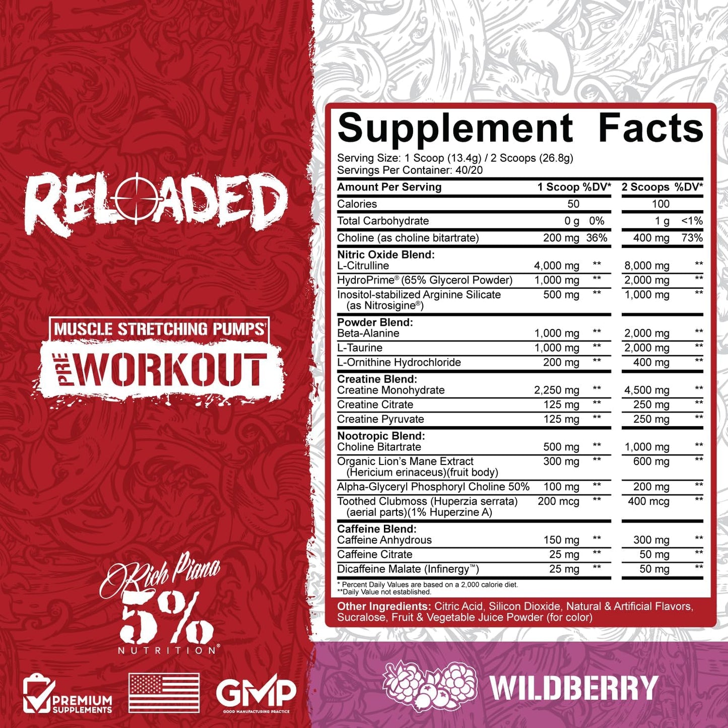 5% Nutrition Reloaded High Stim Pre-Workout Supplement for Ultra Energy, Focus, Pumps, Power, and Endurance - Wildberry Flavor