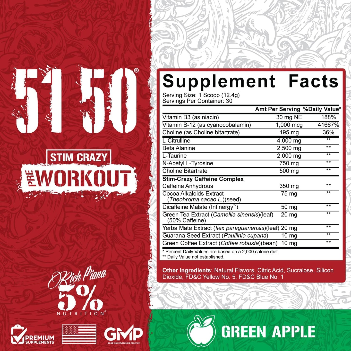 5% Nutrition Rich Piana 5150 High Stim Pre-Workout Powder - Extreme Energy Boost with Focus, Pumps, and Endurance - Green Apple Flavor - 30 Servings
