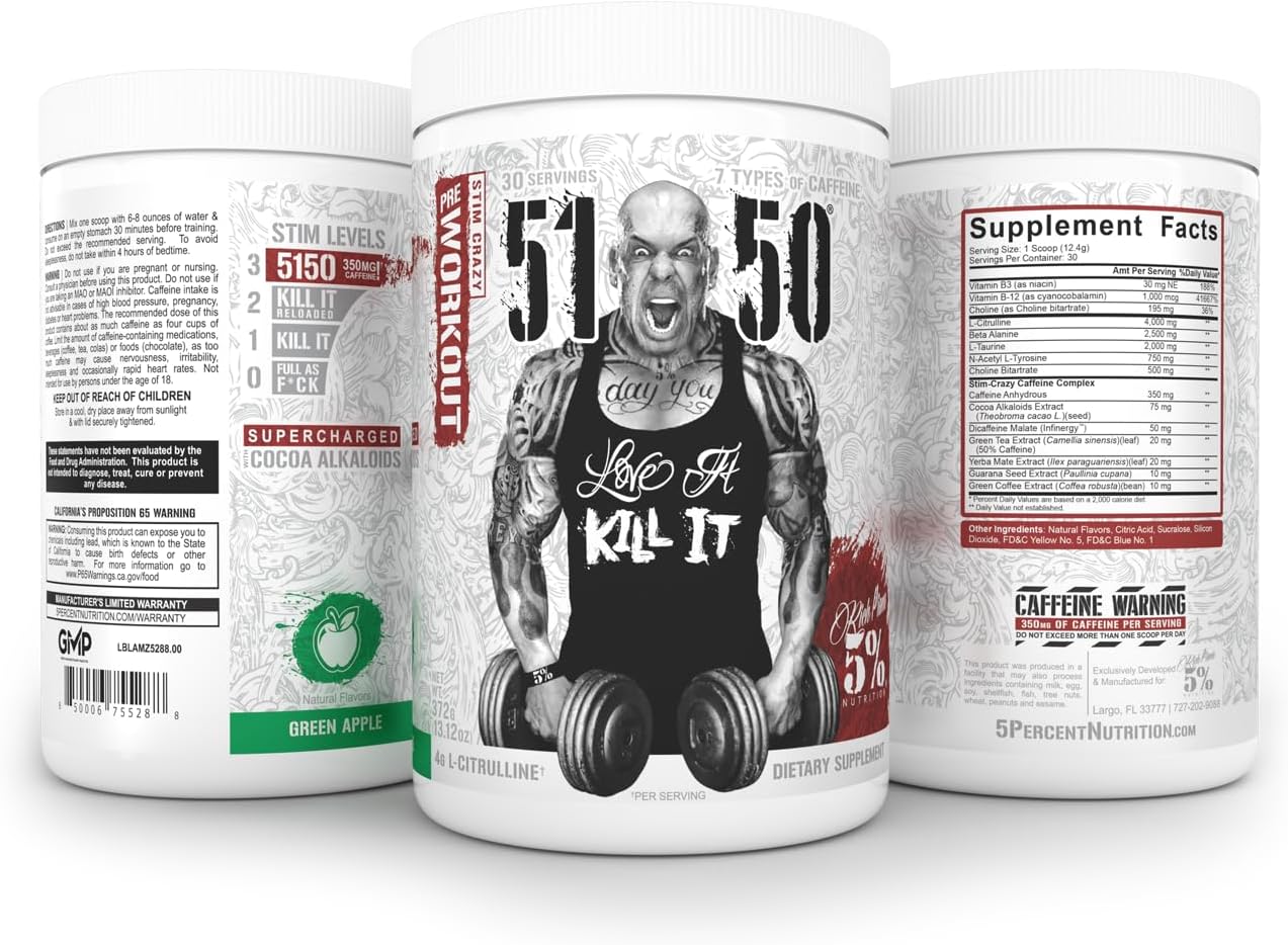 5% Nutrition Rich Piana 5150 High Stim Pre-Workout Powder - Extreme Energy Boost with Focus, Pumps, and Endurance - Green Apple Flavor - 30 Servings