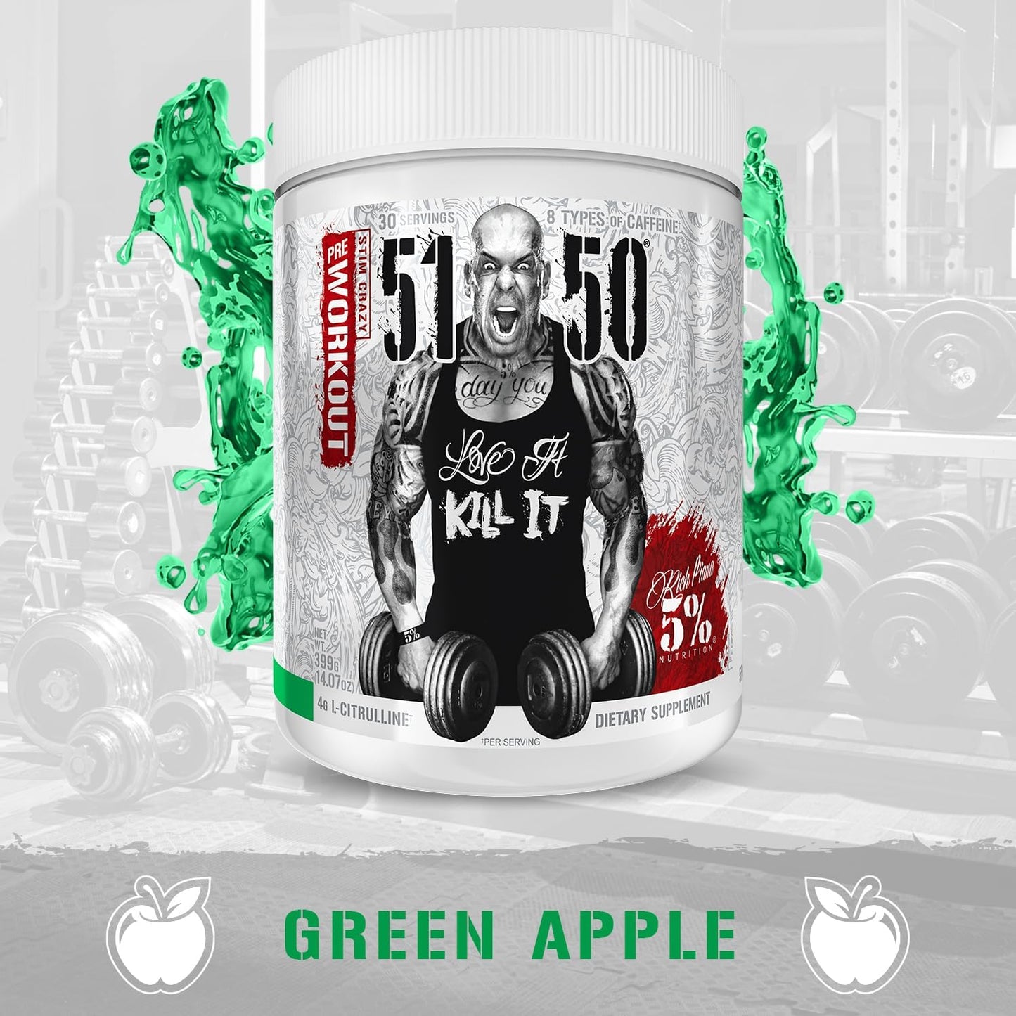 5% Nutrition Rich Piana 5150 High Stim Pre-Workout Powder - Extreme Energy Boost with Focus, Pumps, and Endurance - Green Apple Flavor - 30 Servings