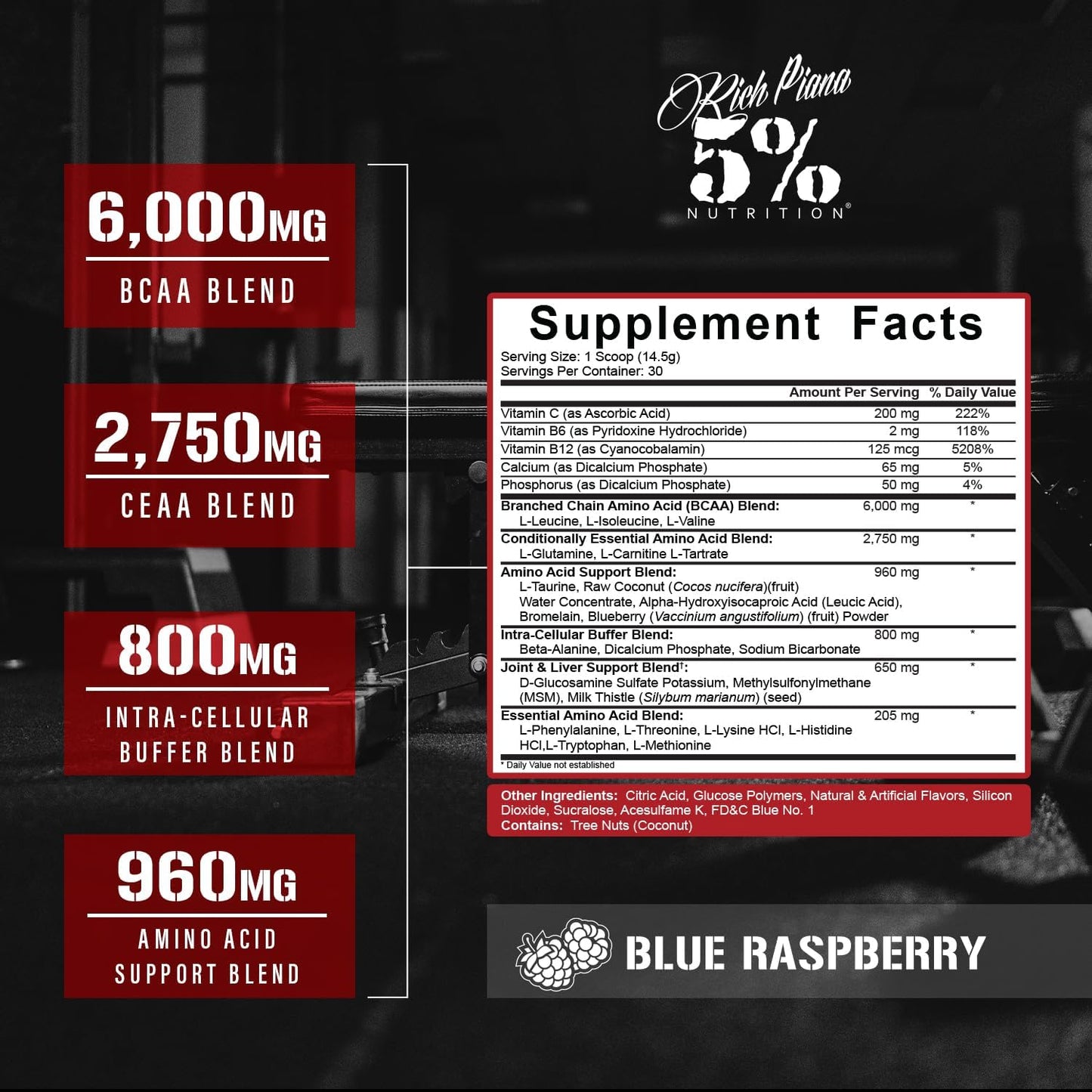 5% Nutrition Rich Piana AllDayYouMay BCAA Powder - Blue Raspberry Flavor - 16.4 oz - 30 Servings - Intra & Post Workout Amino Acids for Hydration, Endurance, Muscle Recovery & Joint Support