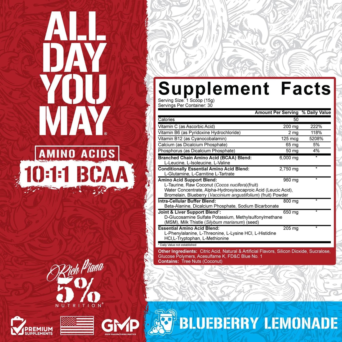 5% Nutrition Rich Piana AllDayYouMay BCAA Powder - Blueberry Lemonade Flavor - Boosts Hydration, Endurance, Muscle Recovery - 15.9 oz, 30 Servings